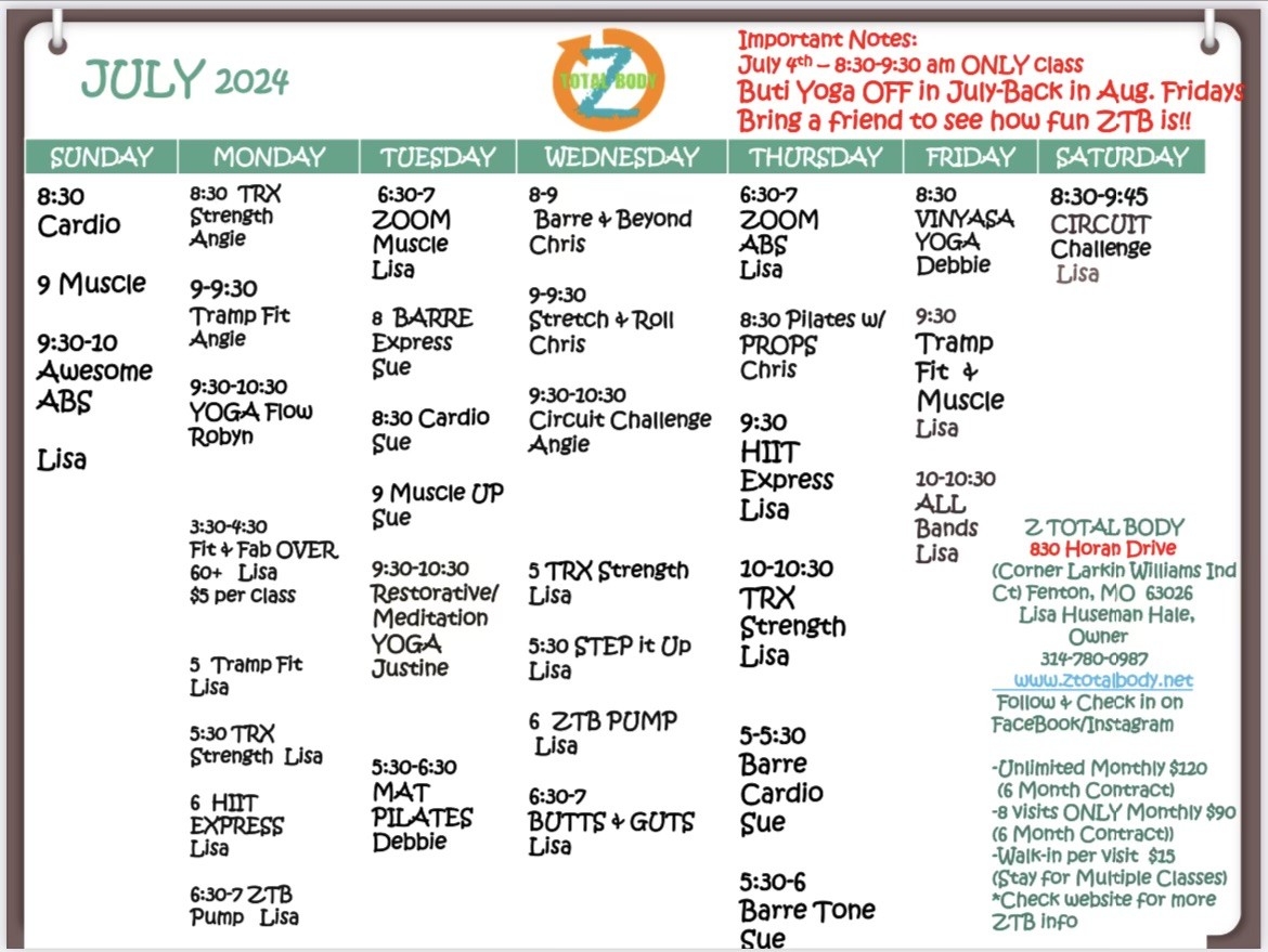 July 2024 ZTB Schedule